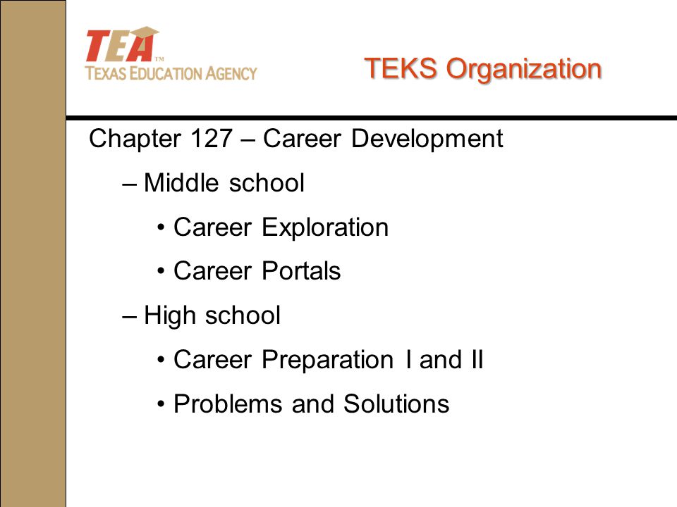 TEKS Organization Chapter 127 – Career Development –Middle school Career Exploration Career Portals –High school Career Preparation I and II Problems and Solutions