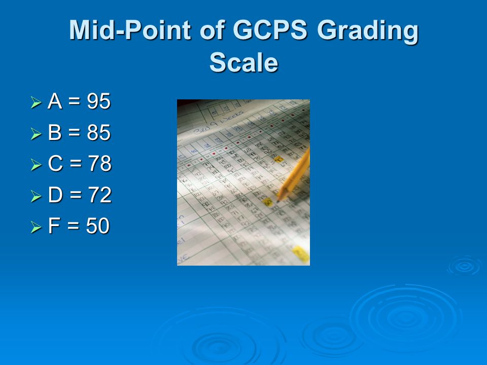 Mid-Point of GCPS Grading Scale  A = 95  B = 85  C = 78  D = 72  F = 50