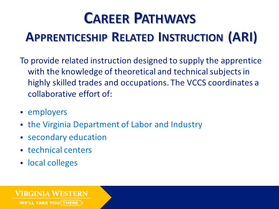 To provide related instruction designed to supply the apprentice with the knowledge of theoretical and technical subjects in highly skilled trades and occupations.