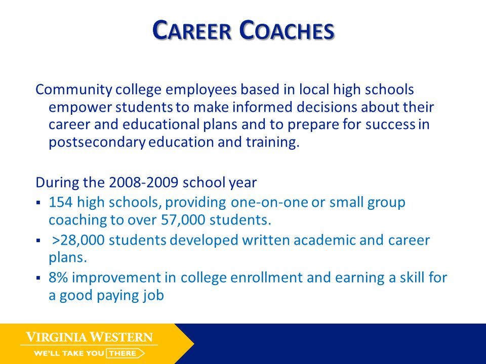 Community college employees based in local high schools empower students to make informed decisions about their career and educational plans and to prepare for success in postsecondary education and training.
