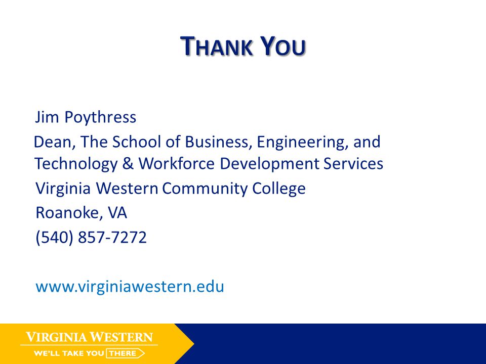 Jim Poythress Dean, The School of Business, Engineering, and Technology & Workforce Development Services Virginia Western Community College Roanoke, VA (540)