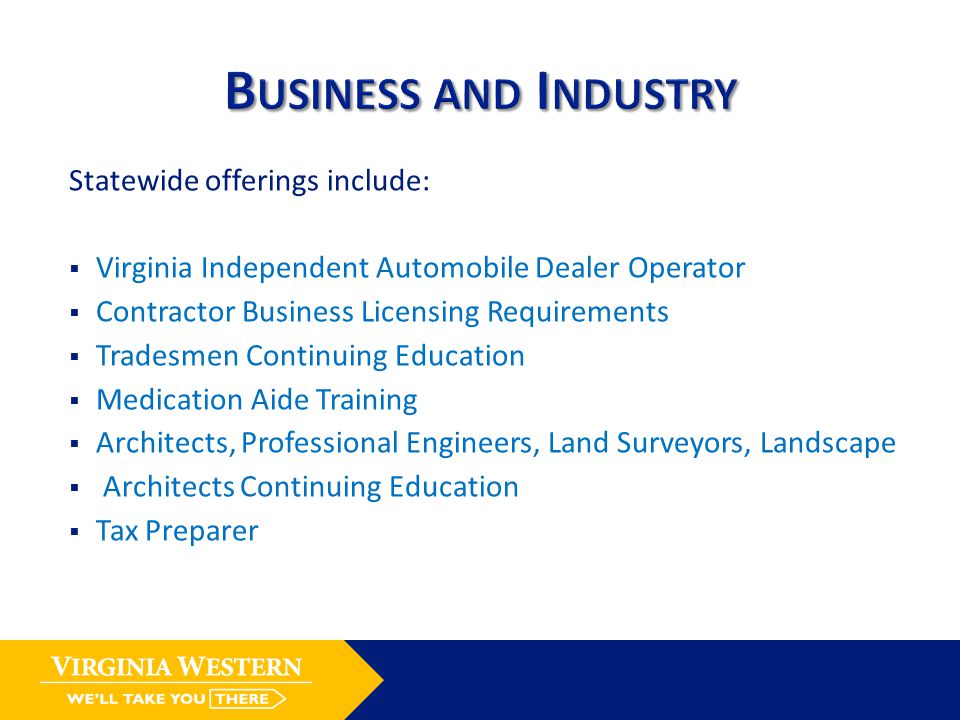 Statewide offerings include:  Virginia Independent Automobile Dealer Operator  Contractor Business Licensing Requirements  Tradesmen Continuing Education  Medication Aide Training  Architects, Professional Engineers, Land Surveyors, Landscape  Architects Continuing Education  Tax Preparer