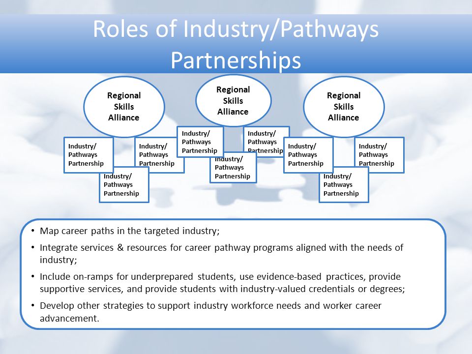 Roles of Industry/Pathways Partnerships Regional Skills Alliance Industry/ Pathways Partnership Industry/ Pathways Partnership Industry/ Pathways Partnership Map career paths in the targeted industry; Integrate services & resources for career pathway programs aligned with the needs of industry; Include on-ramps for underprepared students, use evidence-based practices, provide supportive services, and provide students with industry-valued credentials or degrees; Develop other strategies to support industry workforce needs and worker career advancement.