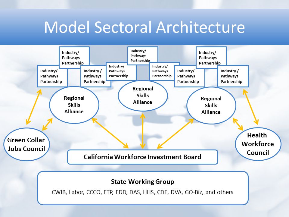 Model Sectoral Architecture Green Collar Jobs Council Health Workforce Council California Workforce Investment Board Regional Skills Alliance Industry/ Pathways Partnership Industry/ Pathways Partnership Industry / Pathways Partnership Regional Skills Alliance Industry/ Pathways Partnership Industry/ Pathways Partnership Industry/ Pathways Partnership Regional Skills Alliance Industry/ Pathways Partnership Industry/ Pathways Partnership Industry / Pathways Partnership State Working Group CWIB, Labor, CCCO, ETP, EDD, DAS, HHS, CDE, DVA, GO-Biz, and others