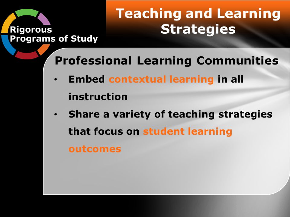 Teaching and Learning Strategies Professional Learning Communities Embed contextual learning in all instruction Share a variety of teaching strategies that focus on student learning outcomes