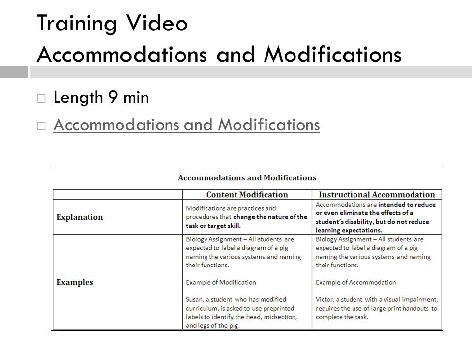 Training Video Accommodations and Modifications  Length 9 min  Accommodations and Modifications Accommodations and Modifications
