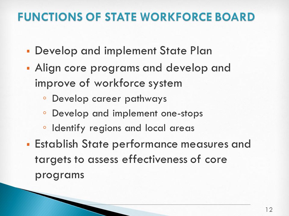 Develop and implement State Plan  Align core programs and develop and improve of workforce system ◦ Develop career pathways ◦ Develop and implement one-stops ◦ Identify regions and local areas  Establish State performance measures and targets to assess effectiveness of core programs 12
