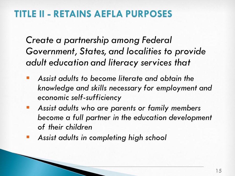 Create a partnership among Federal Government, States, and localities to provide adult education and literacy services that  Assist adults to become literate and obtain the knowledge and skills necessary for employment and economic self-sufficiency  Assist adults who are parents or family members become a full partner in the education development of their children  Assist adults in completing high school 15