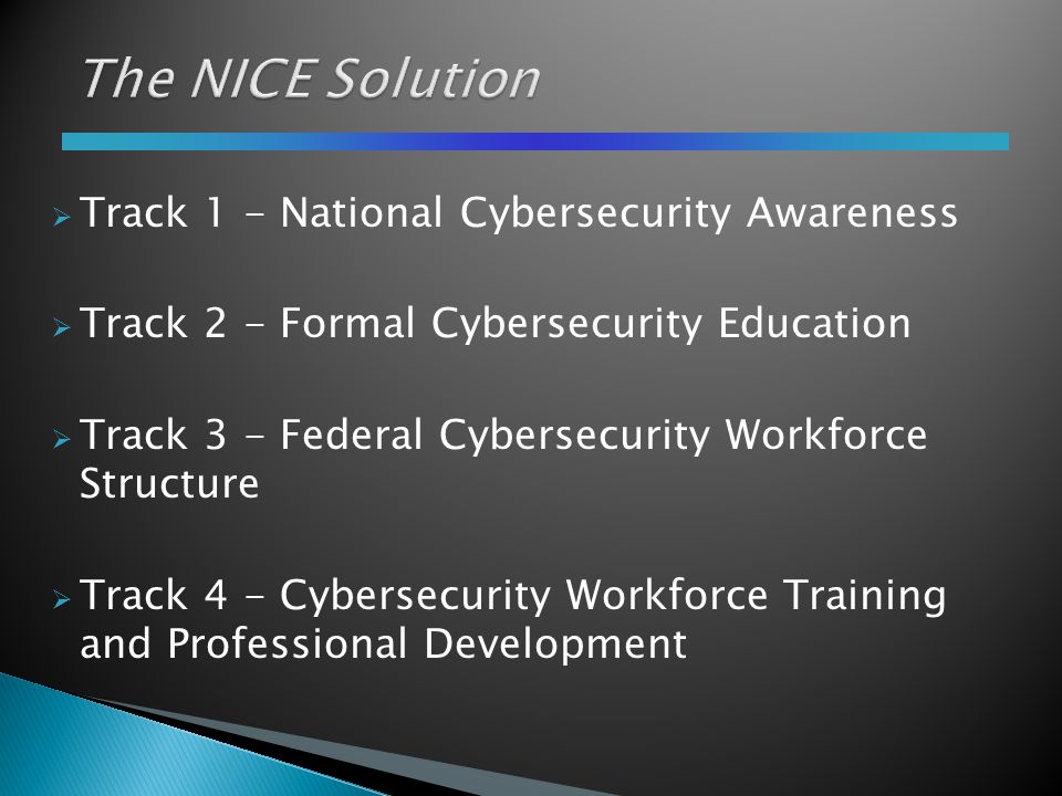  Track 1 - National Cybersecurity Awareness  Track 2 - Formal Cybersecurity Education  Track 3 - Federal Cybersecurity Workforce Structure  Track 4 - Cybersecurity Workforce Training and Professional Development 4