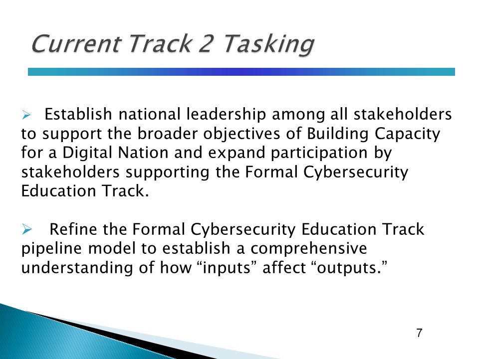  Establish national leadership among all stakeholders to support the broader objectives of Building Capacity for a Digital Nation and expand participation by stakeholders supporting the Formal Cybersecurity Education Track.