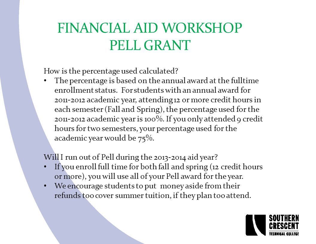 FINANCIAL AID WORKSHOP PELL GRANT How is the percentage used calculated.
