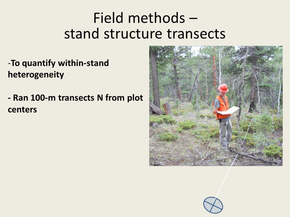 -To quantify within-stand heterogeneity - Ran 100-m transects N from plot centers Field methods – stand structure transects