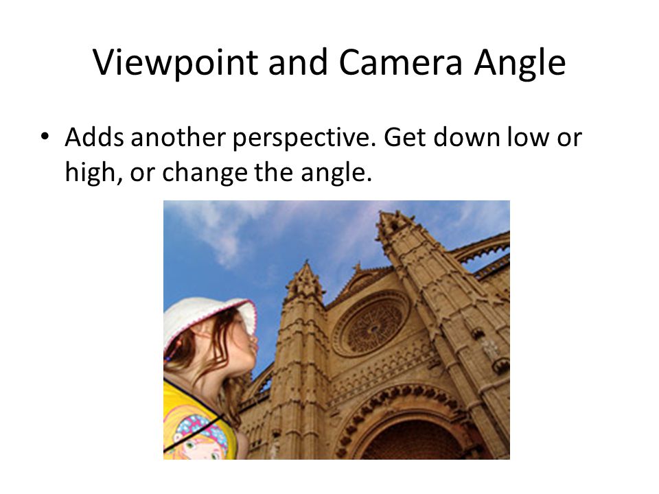 Viewpoint and Camera Angle Adds another perspective. Get down low or high, or change the angle.