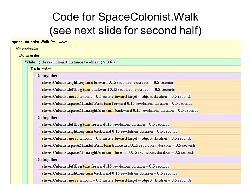 Code for SpaceColonist.Walk (see next slide for second half)