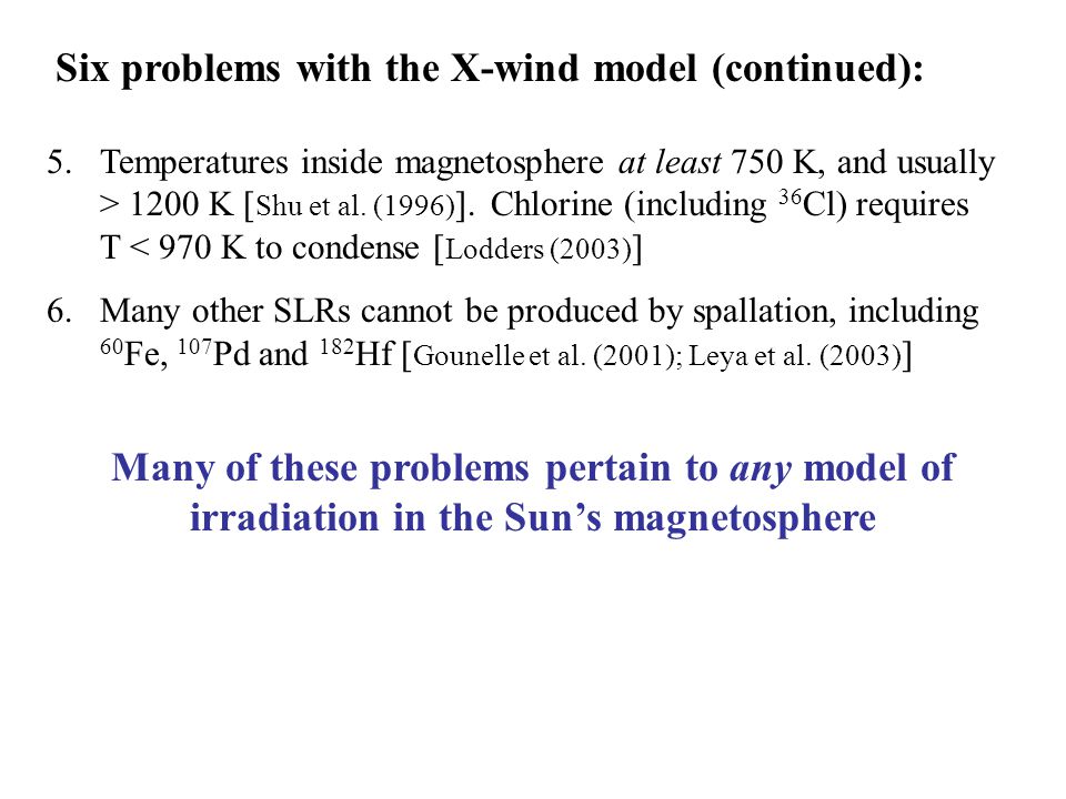 Six problems with the X-wind model (continued): 5.Temperatures inside magnetosphere at least 750 K, and usually > 1200 K [ Shu et al.