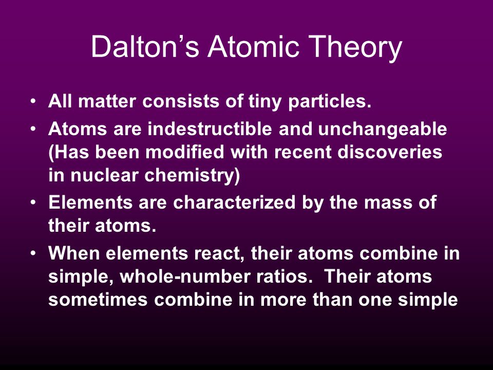 Dalton’s Atomic Theory All matter consists of tiny particles.