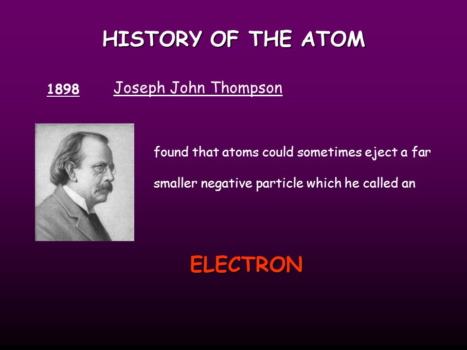HISTORY OF THE ATOM 1898 Joseph John Thompson found that atoms could sometimes eject a far smaller negative particle which he called an ELECTRON