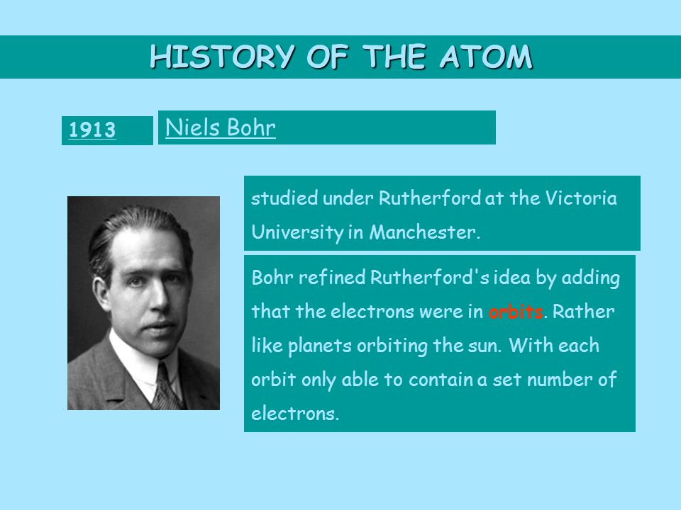 HISTORY OF THE ATOM 1913 Niels Bohr studied under Rutherford at the Victoria University in Manchester.
