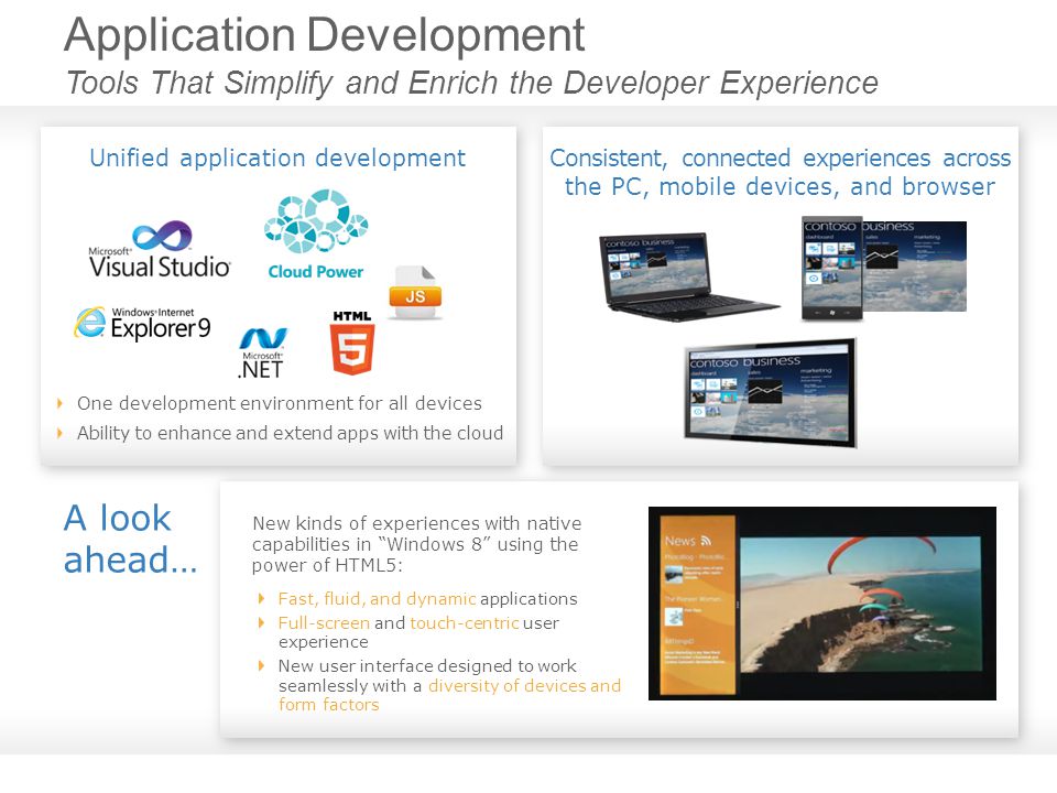 Application Development Tools That Simplify and Enrich the Developer Experience A look ahead… New kinds of experiences with native capabilities in Windows 8 using the power of HTML5: Fast, fluid, and dynamic applications Full-screen and touch-centric user experience New user interface designed to work seamlessly with a diversity of devices and form factors One development environment for all devices Ability to enhance and extend apps with the cloud Unified application developmentConsistent, connected experiences across the PC, mobile devices, and browser