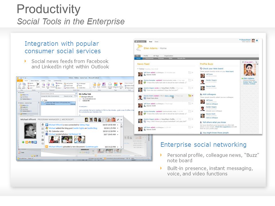Enterprise social networking Productivity Social Tools in the Enterprise Personal profile, colleague news, Buzz note board Built-in presence, instant messaging, voice, and video functions Integration with popular consumer social services Social news feeds from Facebook and LinkedIn right within Outlook