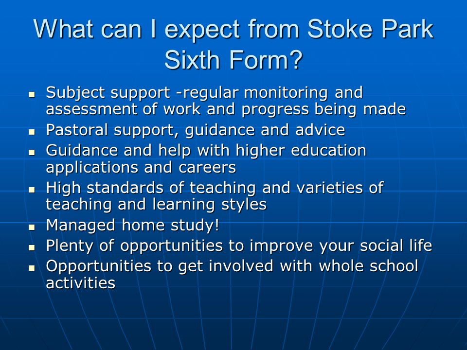What can I expect from Stoke Park Sixth Form.