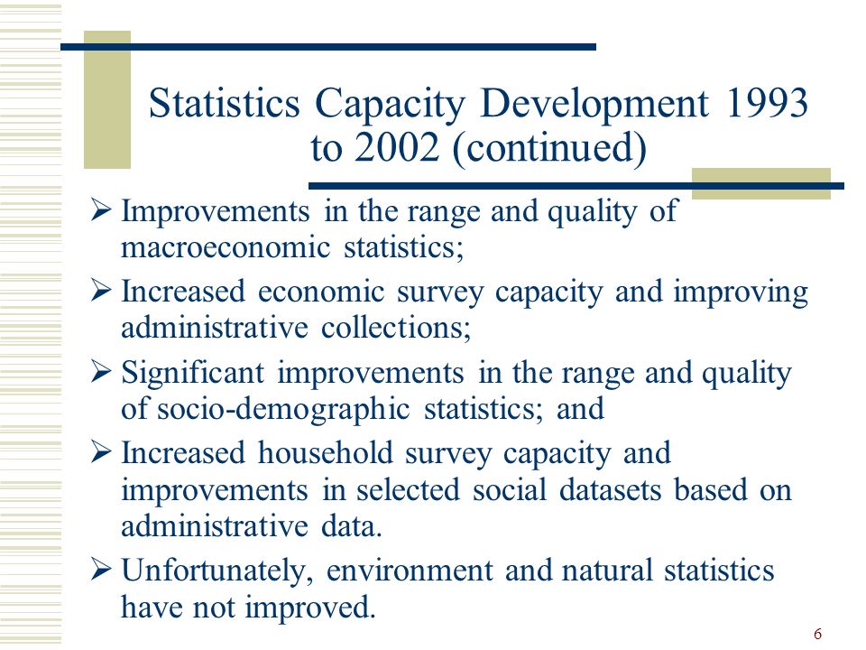 6 Statistics Capacity Development 1993 to 2002 (continued)  Improvements in the range and quality of macroeconomic statistics;  Increased economic survey capacity and improving administrative collections;  Significant improvements in the range and quality of socio-demographic statistics; and  Increased household survey capacity and improvements in selected social datasets based on administrative data.