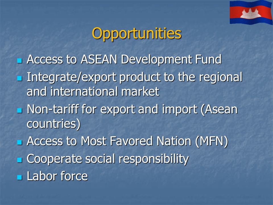 Opportunities Access to ASEAN Development Fund Access to ASEAN Development Fund Integrate/export product to the regional and international market Integrate/export product to the regional and international market Non-tariff for export and import (Asean countries) Non-tariff for export and import (Asean countries) Access to Most Favored Nation (MFN) Access to Most Favored Nation (MFN) Cooperate social responsibility Cooperate social responsibility Labor force Labor force