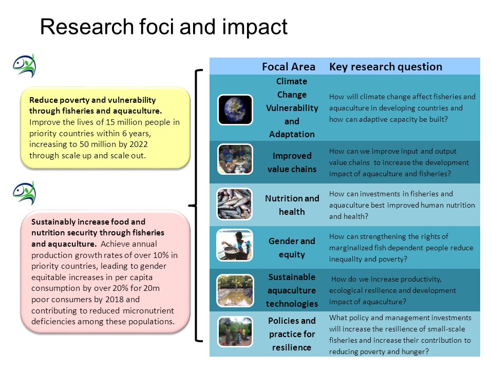 4 Research foci and impact Sustainably increase food and nutrition security through fisheries and aquaculture.