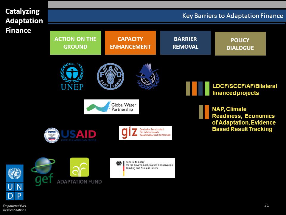 21 Key Barriers to Adaptation Finance Catalyzing Adaptation Finance ACTION ON THE GROUND CAPACITY ENHANCEMENT BARRIER REMOVAL POLICY DIALOGUE LDCF/SCCF/AF/Bilateral financed projects NAP, Climate Readiness, Economics of Adaptation, Evidence Based Result Tracking