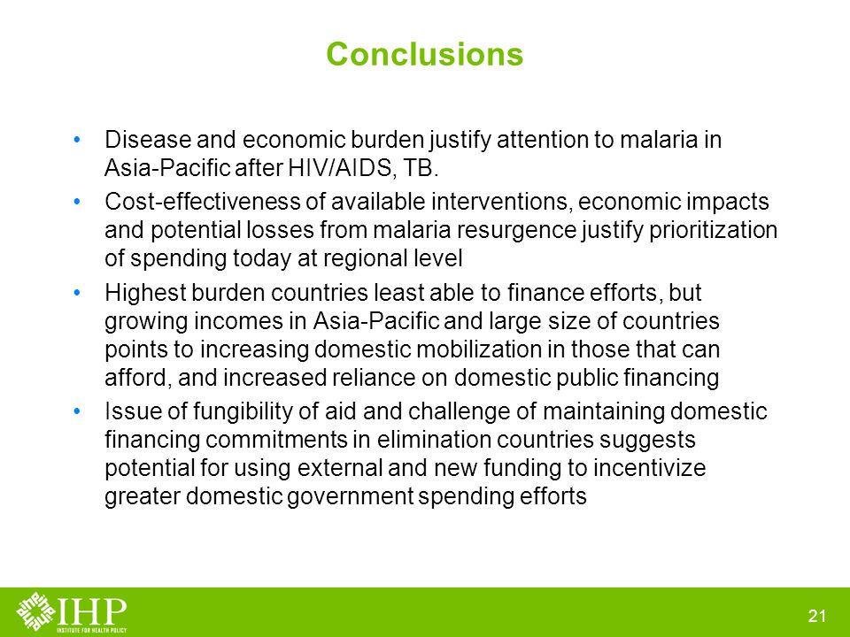 Conclusions Disease and economic burden justify attention to malaria in Asia-Pacific after HIV/AIDS, TB.