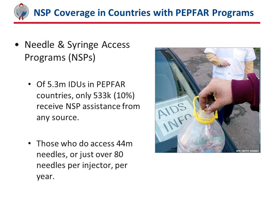 NSP Coverage in Countries with PEPFAR Programs Needle & Syringe Access Programs (NSPs) Of 5.3m IDUs in PEPFAR countries, only 533k (10%) receive NSP assistance from any source.