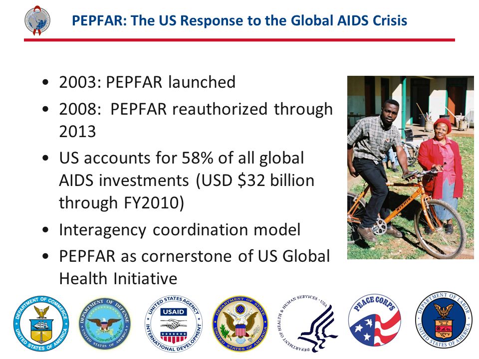 PEPFAR: The US Response to the Global AIDS Crisis 2003: PEPFAR launched 2008: PEPFAR reauthorized through 2013 US accounts for 58% of all global AIDS investments (USD $32 billion through FY2010) Interagency coordination model PEPFAR as cornerstone of US Global Health Initiative