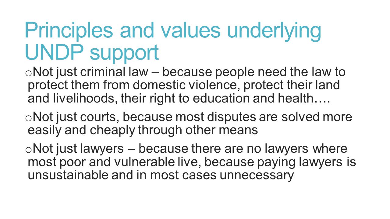 Principles and values underlying UNDP support o Not just criminal law – because people need the law to protect them from domestic violence, protect their land and livelihoods, their right to education and health….