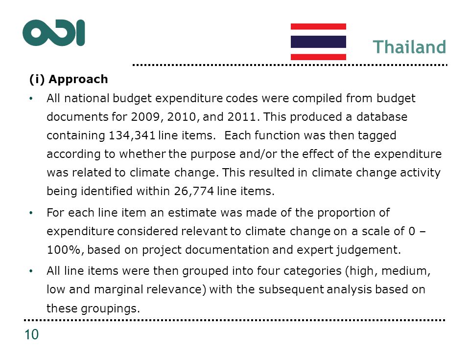 Thailand (i) Approach All national budget expenditure codes were compiled from budget documents for 2009, 2010, and 2011.