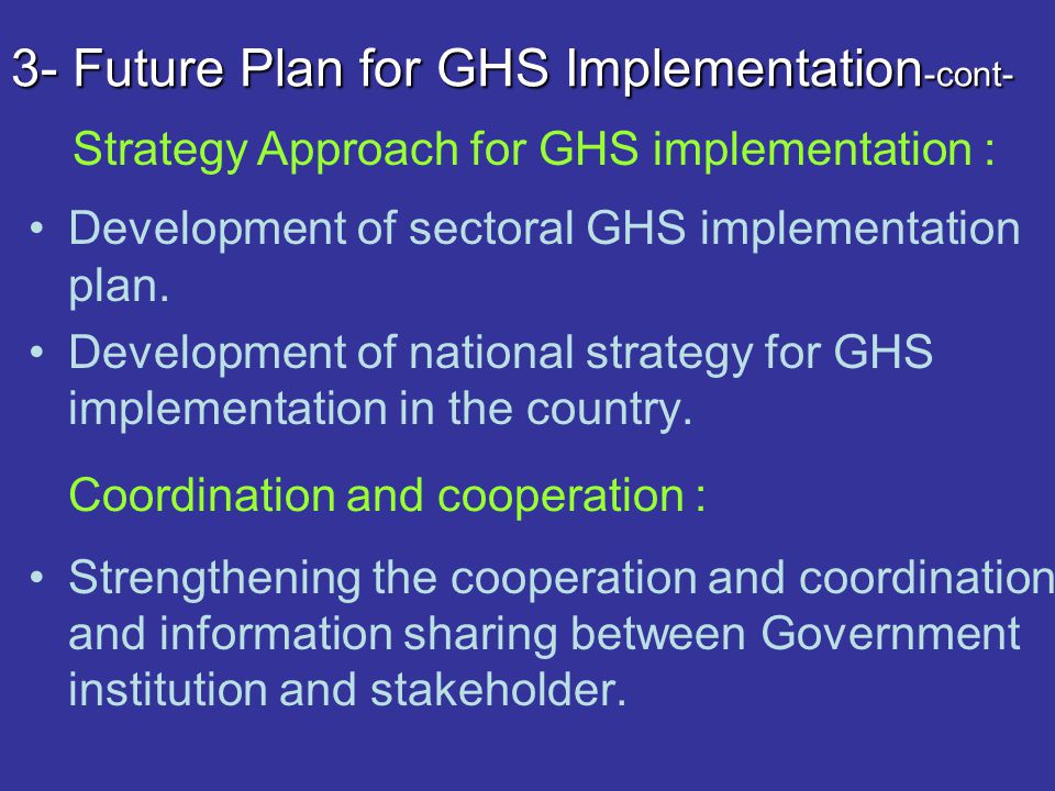 3- Future Plan for GHS Implementation -cont- Development of sectoral GHS implementation plan.
