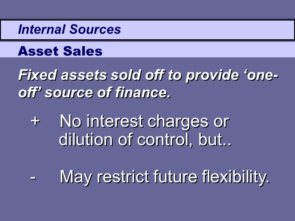 Internal Sources Asset Sales +No interest charges or dilution of control, but..