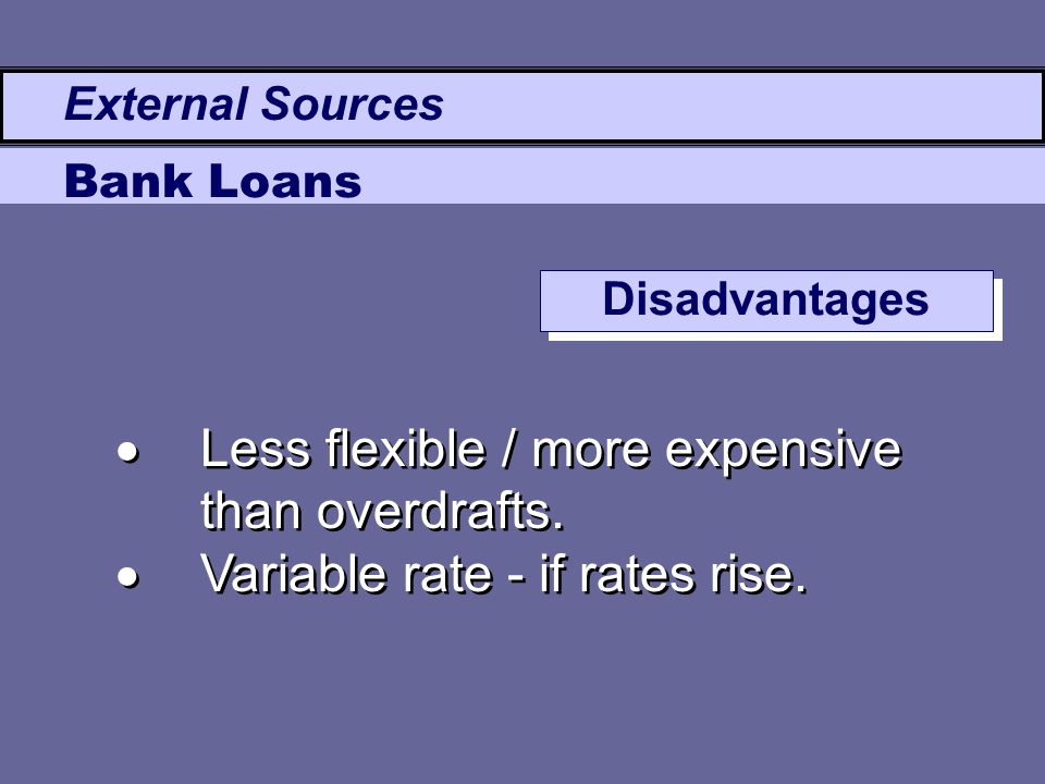  Less flexible / more expensive than overdrafts.  Variable rate - if rates rise.