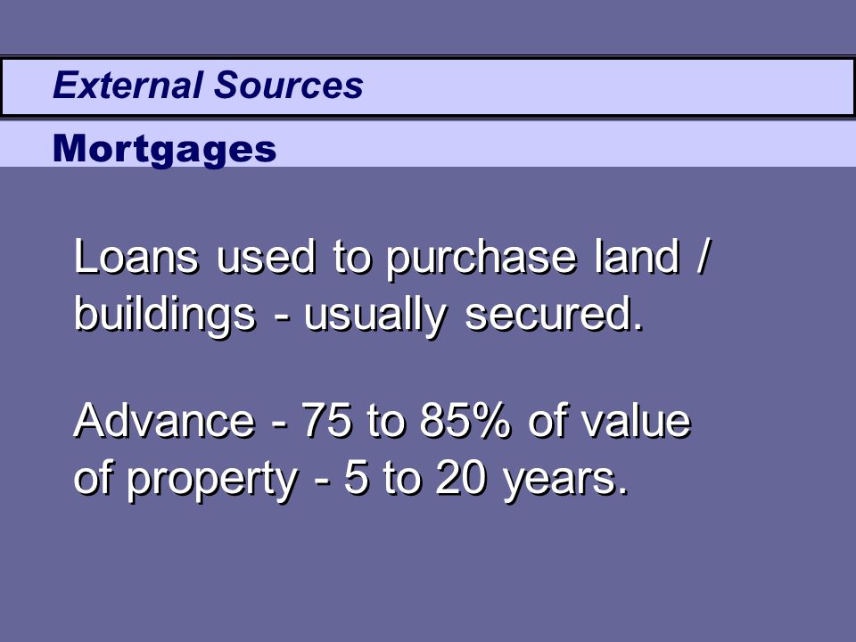 Loans used to purchase land / buildings - usually secured.