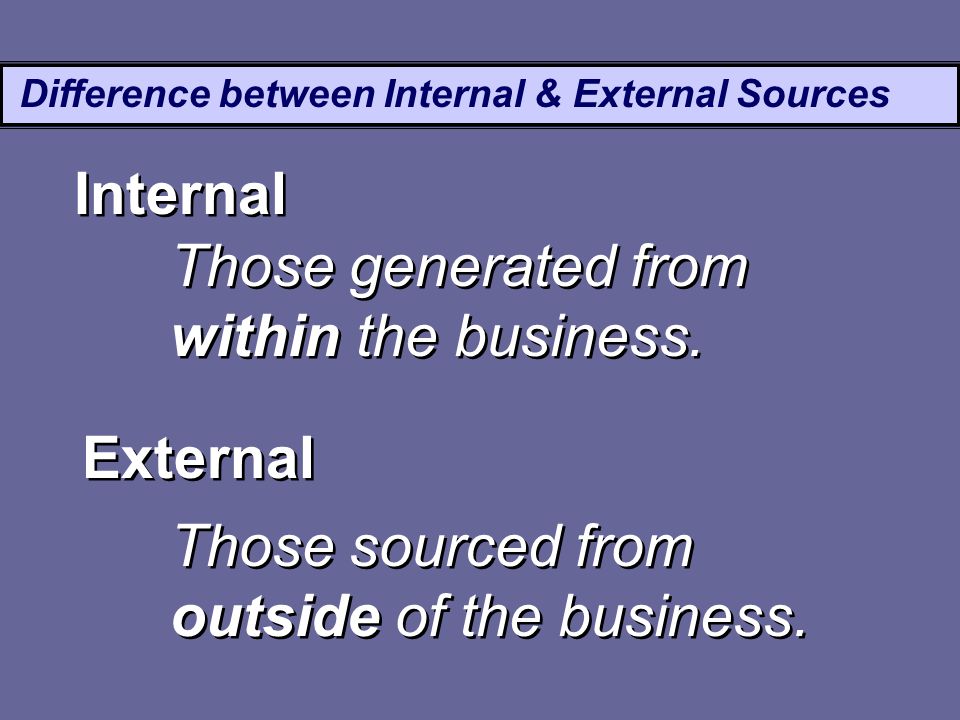 Difference between Internal & External Sources Those generated from within the business.