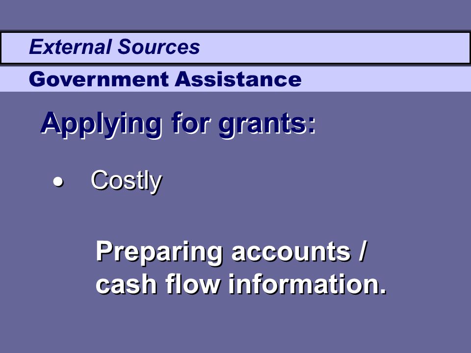External Sources Government Assistance Applying for grants: Preparing accounts / cash flow information.
