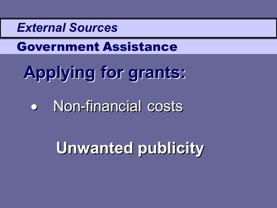External Sources Government Assistance  Non-financial costs Unwanted publicity Applying for grants: