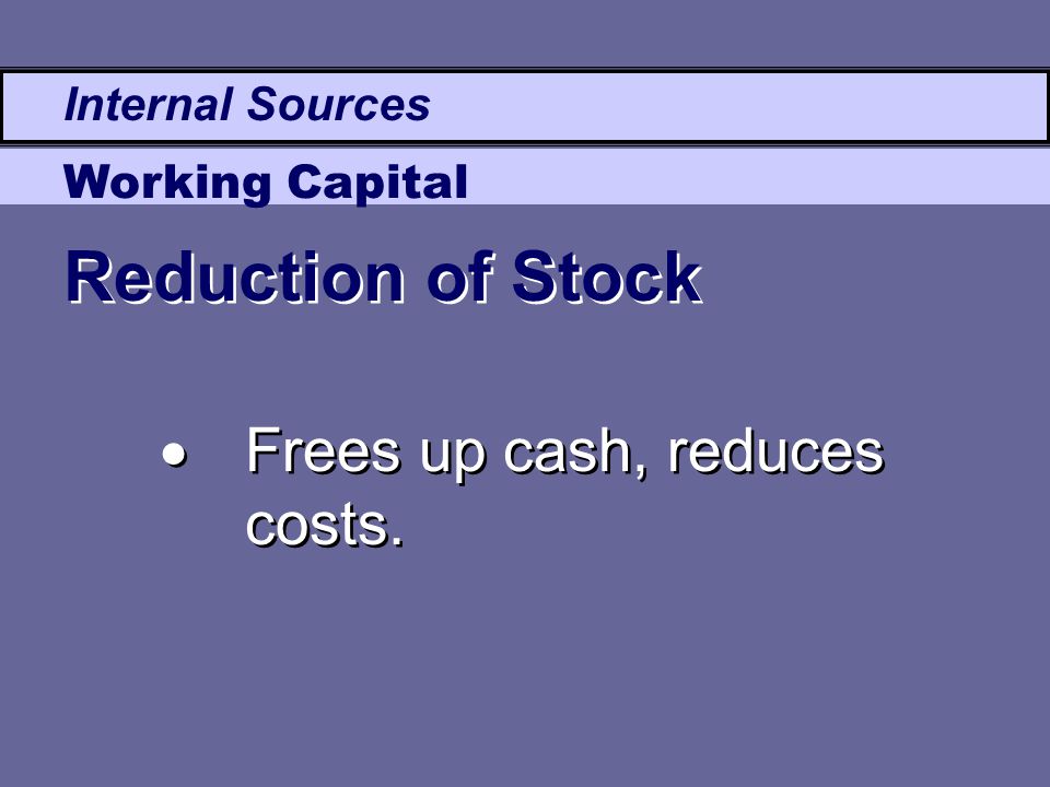 Internal Sources Working Capital  Frees up cash, reduces costs. Reduction of Stock