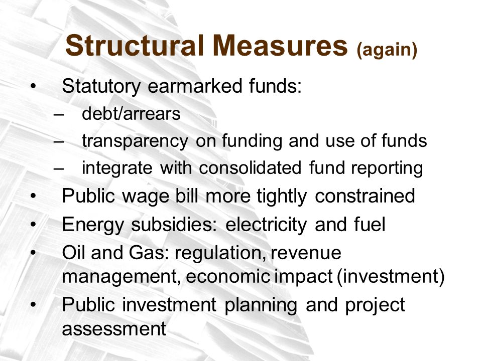 Structural Measures (again) Statutory earmarked funds: –debt/arrears –transparency on funding and use of funds –integrate with consolidated fund reporting Public wage bill more tightly constrained Energy subsidies: electricity and fuel Oil and Gas: regulation, revenue management, economic impact (investment) Public investment planning and project assessment