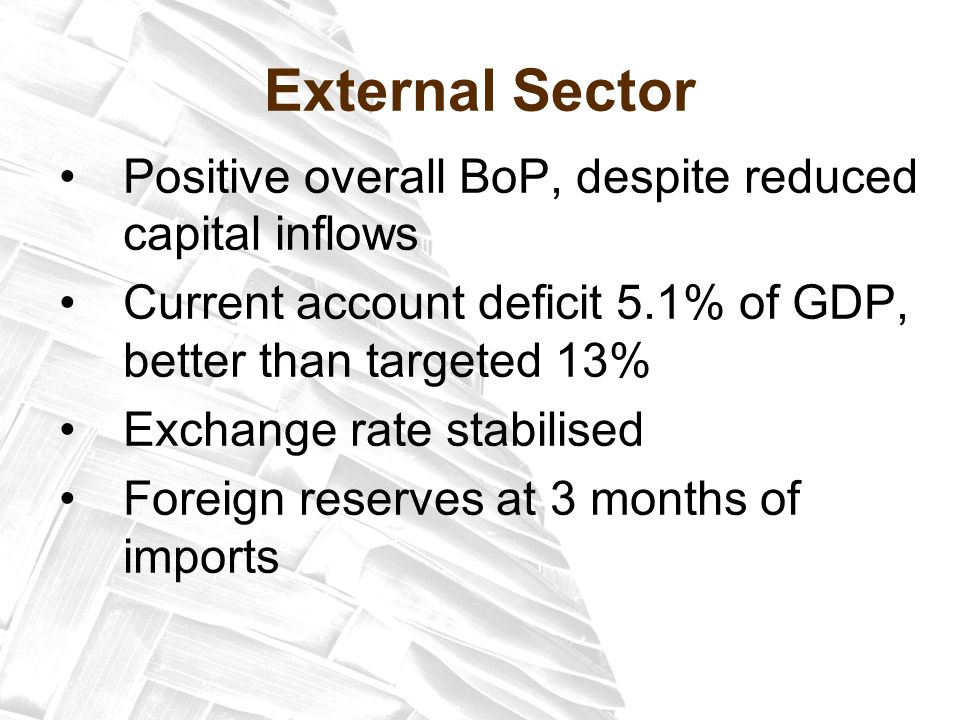 External Sector Positive overall BoP, despite reduced capital inflows Current account deficit 5.1% of GDP, better than targeted 13% Exchange rate stabilised Foreign reserves at 3 months of imports