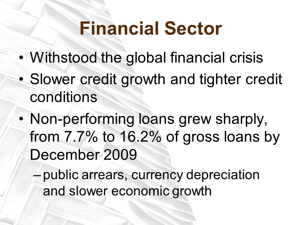 Financial Sector Withstood the global financial crisis Slower credit growth and tighter credit conditions Non-performing loans grew sharply, from 7.7% to 16.2% of gross loans by December 2009 –public arrears, currency depreciation and slower economic growth