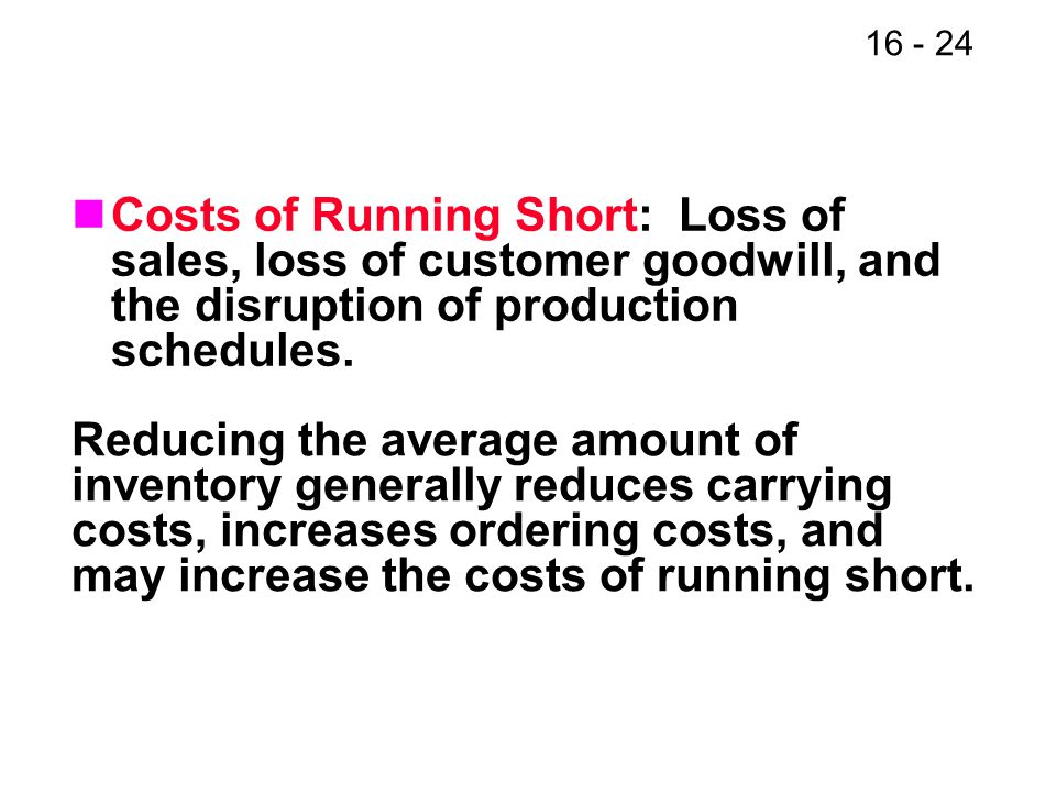 Costs of Running Short: Loss of sales, loss of customer goodwill, and the disruption of production schedules.