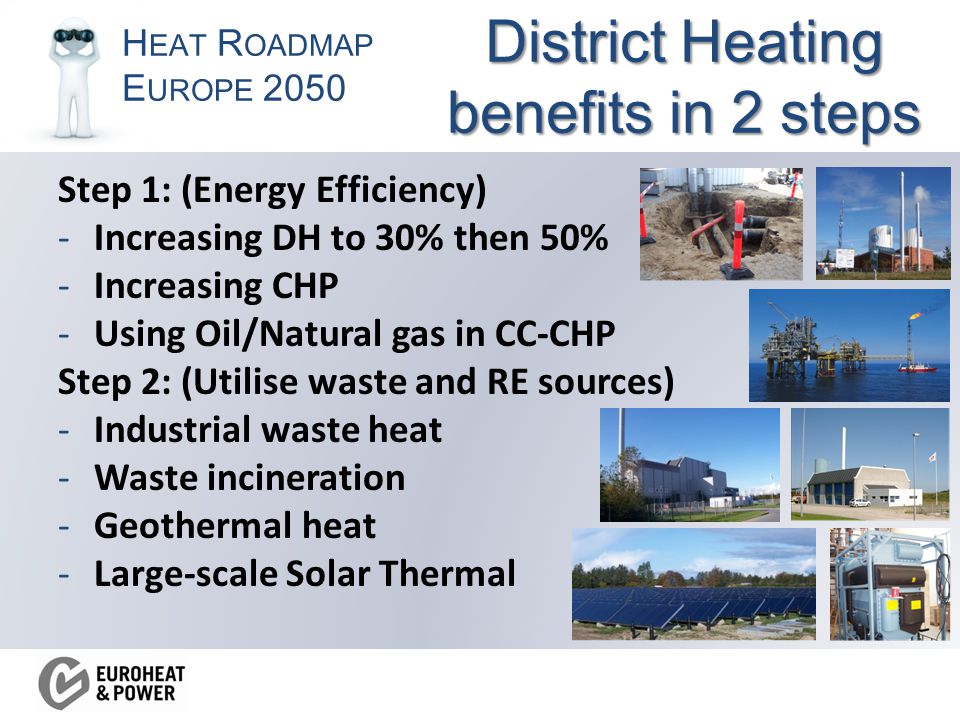 H EAT R OADMAP E UROPE 2050 District Heating benefits in 2 steps Step 1: (Energy Efficiency) -Increasing DH to 30% then 50% -Increasing CHP -Using Oil/Natural gas in CC-CHP Step 2: (Utilise waste and RE sources) -Industrial waste heat -Waste incineration -Geothermal heat -Large-scale Solar Thermal