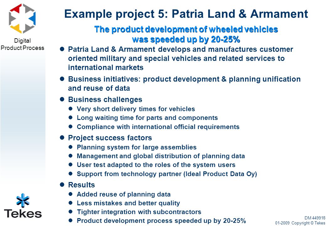 Digital Product Process The product development of wheeled vehicles was speeded up by 20-25% Patria Land & Armament develops and manufactures customer oriented military and special vehicles and related services to international markets Business initiatives: product development & planning unification and reuse of data Business challenges Very short delivery times for vehicles Long waiting time for parts and components Compliance with international official requirements Project success factors Planning system for large assemblies Management and global distribution of planning data User test adapted to the roles of the system users Support from technology partner (Ideal Product Data Oy) Results Added reuse of planning data Less mistakes and better quality Tighter integration with subcontractors Product development process speeded up by 20-25% Example project 5: Patria Land & Armament DM Copyright © Tekes