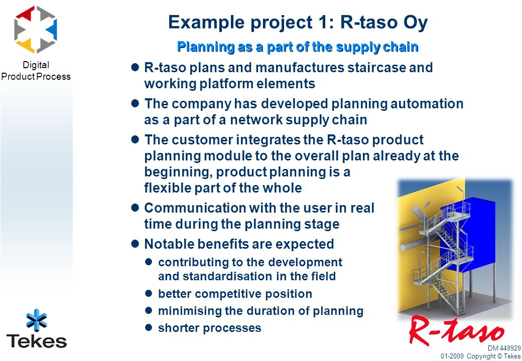 Digital Product Process R-taso plans and manufactures staircase and working platform elements The company has developed planning automation as a part of a network supply chain The customer integrates the R-taso product planning module to the overall plan already at the beginning, product planning is a flexible part of the whole Communication with the user in real time during the planning stage Notable benefits are expected contributing to the development and standardisation in the field better competitive position minimising the duration of planning shorter processes Planning as a part of the supply chain Example project 1: R-taso Oy DM Copyright © Tekes