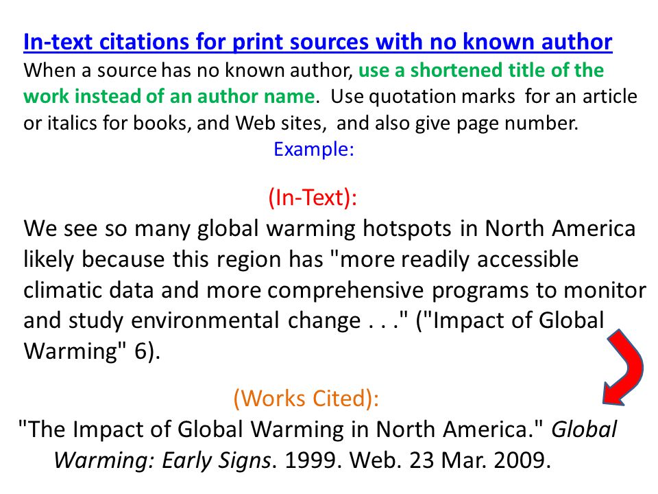 In-text citations for print sources with no known author When a source has no known author, use a shortened title of the work instead of an author name.